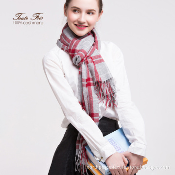 Checked cashmere red and gray scarf for women